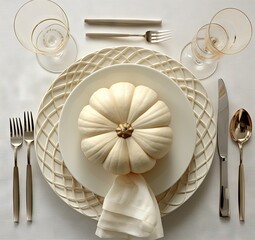 a table setting with white plates, silver cutlers and napkins on the place setting is set for dinner