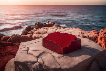 cubic red stone podium background with dried iris by the sea hyperrealistic materials
