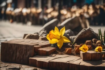 Naklejka na ściany i meble natural cubic wood rock cosmetic podium composition with dried daffodil in the street