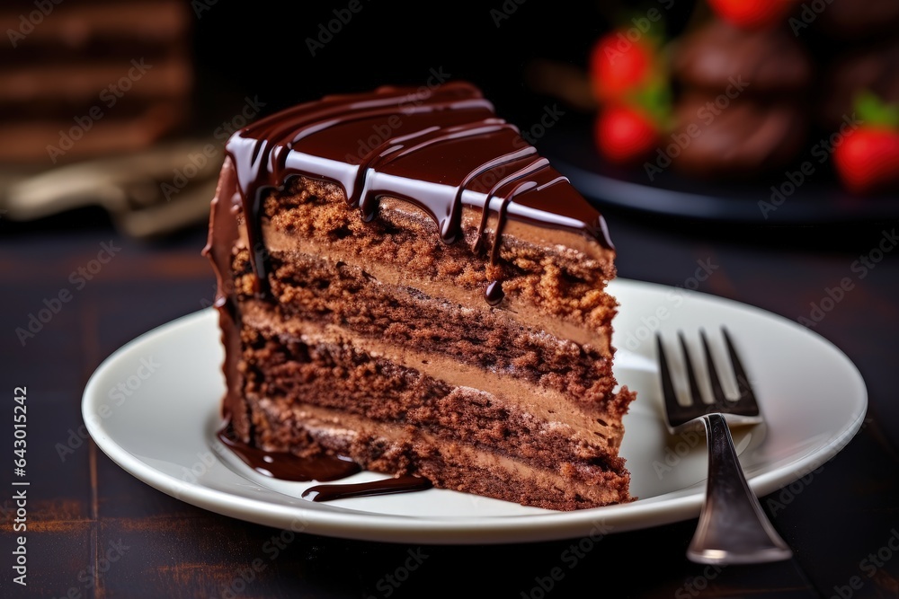 Canvas Prints Delicious chocolate cake On a plate Sweet dessert Bright background Close up