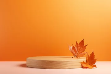 Foto op Plexiglas Empty wooden podium on orange background with autumn leaf Concept scene for showcasing products promoting sales and presenting beauty cosmetics © The Big L
