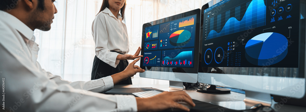 Poster analyst working on data analysis or bi dashboard on computer monitor. business team analyzing financ