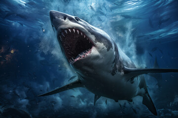 Obraz premium Scary megalodon (extinct prehistoric shark) under water