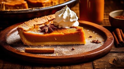 a slice of pumpkin pie on a wooden plate with whipped cream and cinnamon sticks in the background photo is taken from above - Powered by Adobe