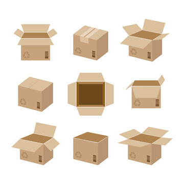 cardboard box package. set of box. different type box open and close.