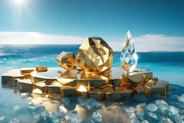 flat golden rock cosmetic podium scenery with crystal ice by the blue ocean beautiful materials