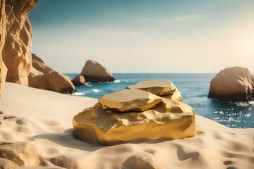 Fototapeta na wymiar flat golden rock podium composition with rock by the sea hyperrealistic materials
