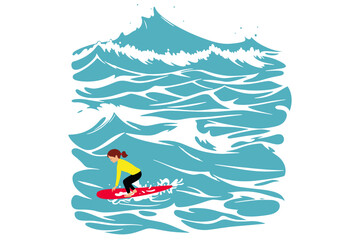 Surfing on a wave in the ocean. Surf rider on big waves. Surfer vector illustration design for t shirt print or club banner.