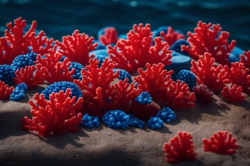 Fototapeta premium flat red plastic podium composition with blue corals by the sea beautiful materials