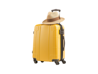 Travel luggage bag and a straw hat isolated on transparent or white background, png
