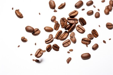 Obraz premium Flying coffee beans on a white backdrop