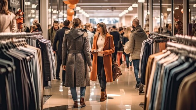 two women shopping in a clothing store, one is wearing a coat and the other is holding a handbag