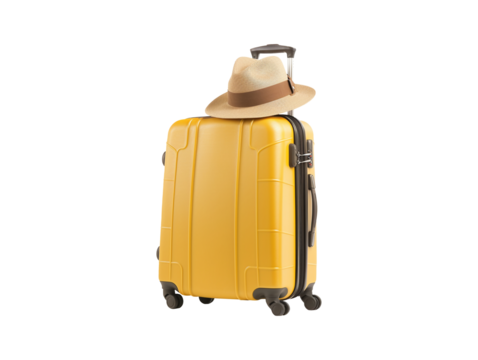 Travel luggage bag and a straw hat isolated on transparent or white background, png