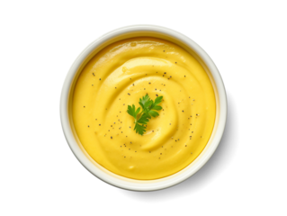 Mustard dip in a bowl isolated on transparent or white background, top view, png