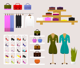 Stylish fashion clothes hanging on hangers rack on white background. Women's bags, shoes, sweaters, lie on the shelves