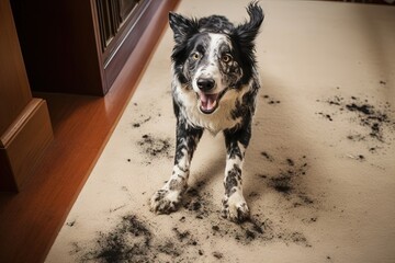Hilarious dog with mess on the carpet - obrazy, fototapety, plakaty
