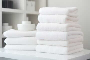 Fototapeta na wymiar Fresh towels are neatly arranged on a pristine white surface