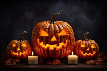 Isolated Halloween pumpkin head with burning candles on white background