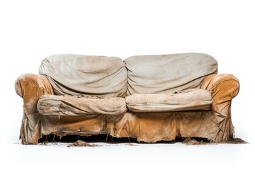Isolated white background shows old dirty ripped sofa - obrazy, fototapety, plakaty