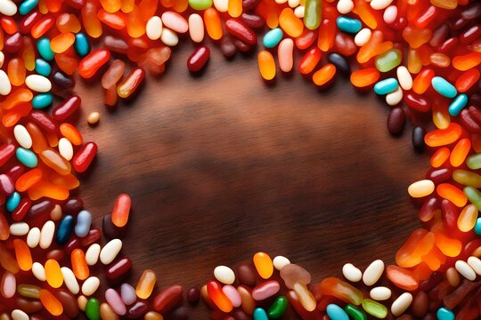 jelly beans composition flat lay with free space for copy glowing ember background