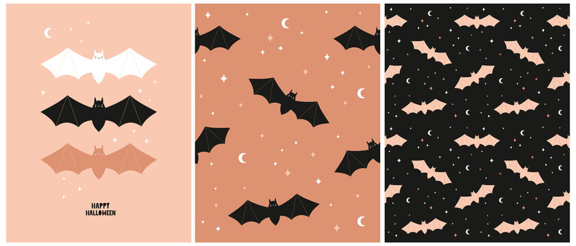 Cute Hand Drawn Halloween Vector Card and Seamless Patterns with Happy Bats, Moon and Stars  Isolated on a Black, Brown and Coral Pink Background.Halloween Illustration ideal for Card,Wrapping Paper. 