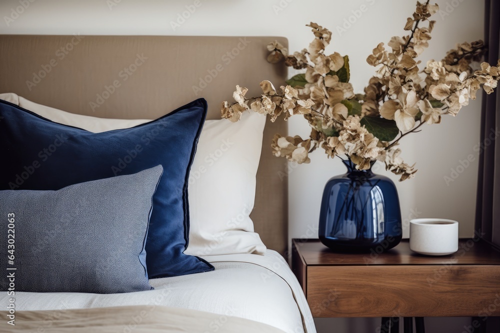 Wall mural Navy blue bedding with flowers in vase on bedside table of king size bed