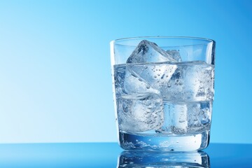 On scorching days, a refreshing and nutritious glass of water filled with ice cubes glistens against a serene blue backdrop.