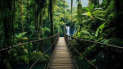 Fototapeta premium View of a tiny footbridge in the Costa Rican jungle, surrounded by lush, tropical trees