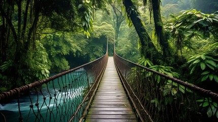 View of a tiny footbridge in the Costa Rican jungle, surrounded by lush, tropical trees