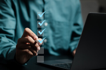 Survey form concept. Questionnaire with checkboxes, filling survey form online, answer questions of test.  Education futuristic technology and learning.