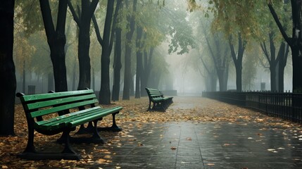 Fototapeta premium Green wooden benches at a high angle along an empty path covered with dry leaves in a misty autumn city park.