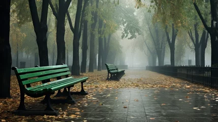 Fotobehang Green wooden benches at a high angle along an empty path covered with dry leaves in a misty autumn city park. © Suleyman