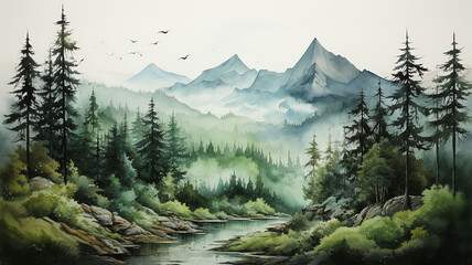 Watercolor landscape of a coniferous forest against the backdrop of mountains.Generative AI technology.	
