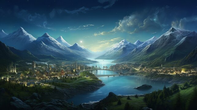 A gorgeous view of a brightly lit village with a river and bridge on the grassy edge of a lake, against the backdrop of a mountain range and the blue sky.