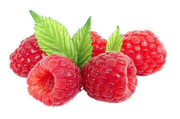 Group of raspberry with leaves isolated on transparent background with PNG. - obrazy, fototapety, plakaty