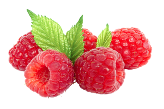 Group of raspberry with leaves isolated on transparent background with PNG.