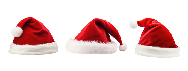 Set of red santa hats on transparent background. Generative Ai