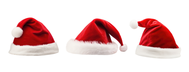 Set of red santa hats on transparent background. Generative Ai