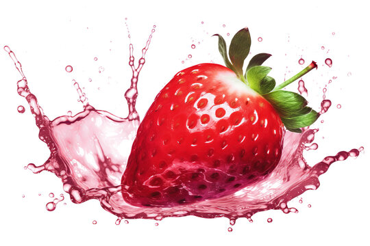 Red strawberries with water splash on transparent background - PNG image of juicy and fresh berries with liquid droplets - strawberry falling into water