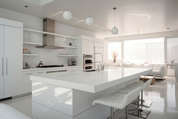 A spacious white kitchen with a modern center island created with Generative AI technology