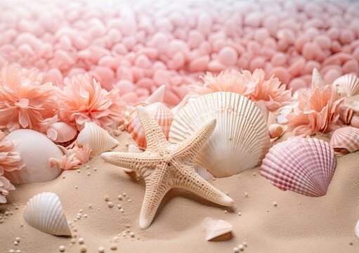 sea shells and starfishs on the beach with pink flowers in the foreground stock images, royalty free stock photos