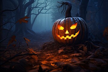 A beautifully carved pumpkin displayed in a serene forest setting created with Generative AI technology