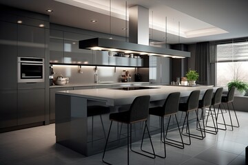 A modern kitchen with a spacious center island and trendy bar stools created with Generative AI technology