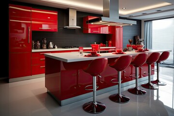 A contemporary kitchen with vibrant red cabinets and stools created with Generative AI technology