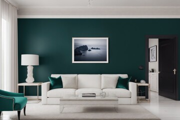 Interior mockup with picture frame on a Wall. Living room with sofa and painting on a wall