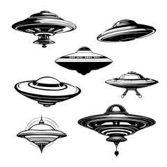 Alien UFO flying spacecraft, UFO set, alien UFO vectors, UFO transparent bundle, alien flying saucers © Patrick