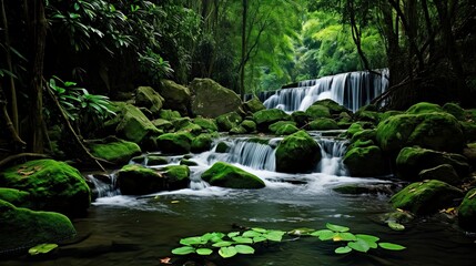 Naklejka premium A serene waterfall nestled in a vibrant green forest created with Generative AI technology