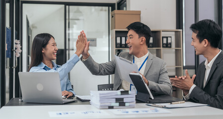 Asian business people teamwork strategy corporate meeting in progress, brainstorming ideas, leadership decision-making executives in conference boardroom, productive people engaged in problem-solving