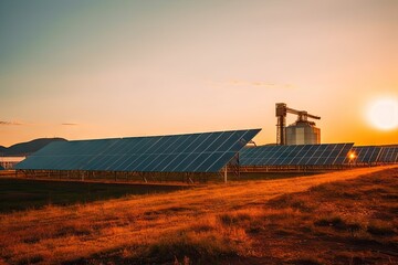 solar panels on the side of a hill at sunset with the sun setting in the background - Powered by Adobe