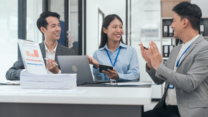 Clap your hands with joy, Asian business people teamwork strategy corporate meeting progress, brainstorming ideas, leadership decision-making executives, productive people engaged in problem-solving